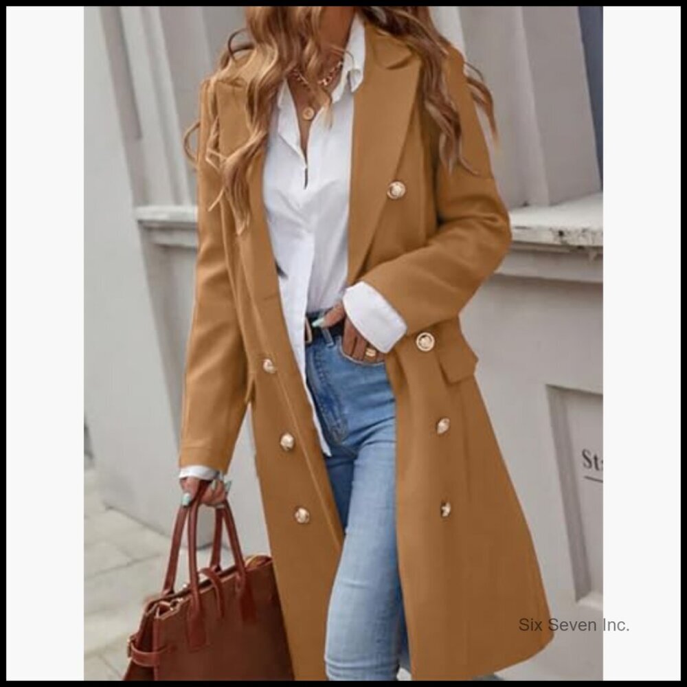 Long Wool Blend Pea Coat with Notch Collar and Knee Length - Picture 3 of 5